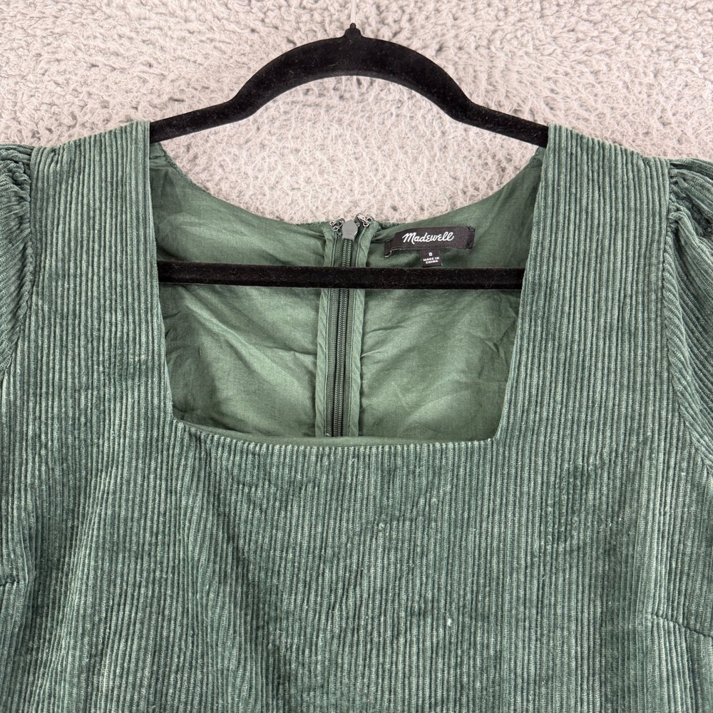 Madewell Corduroy Babydoll Dress Womens 8 Green Puff Sleeve Tiered Mini Boho - Picture 3 of 14